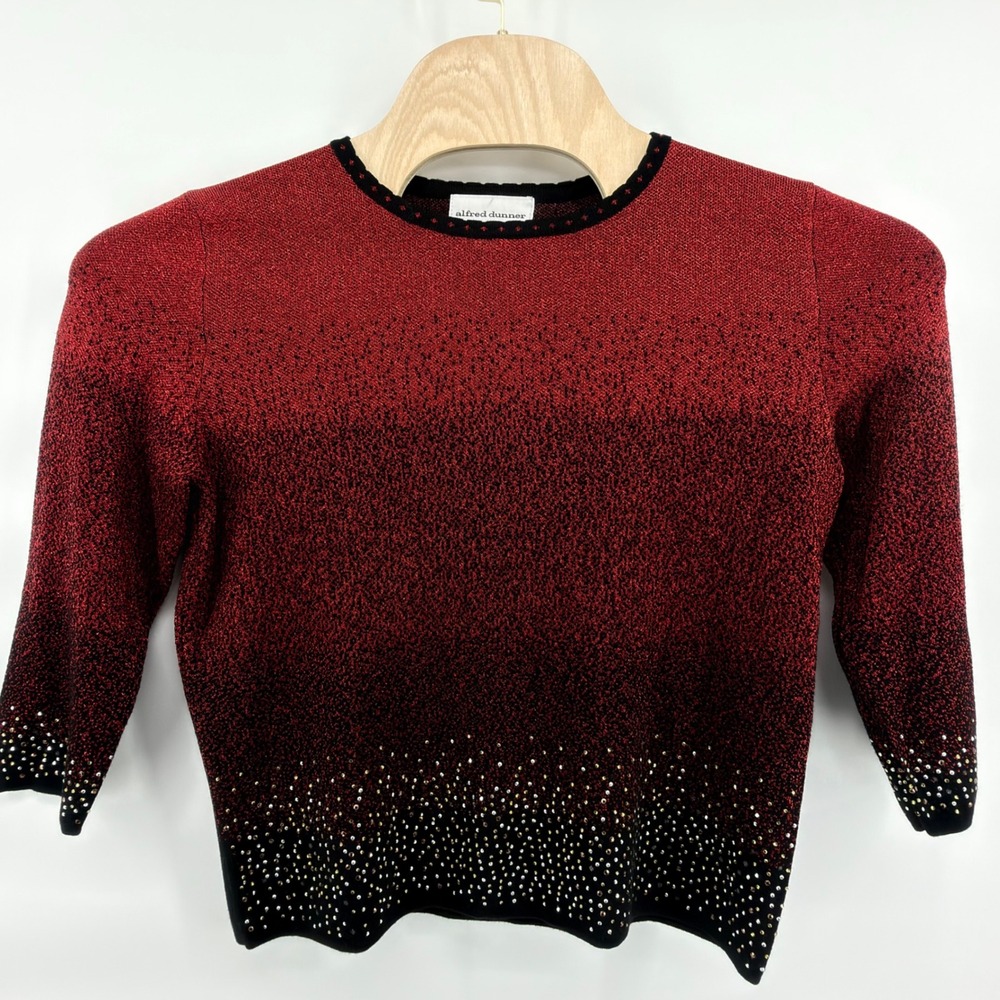 Alfred Dunner Women Metallic Ombre Rhinestone Sweater Top Red Black Size M